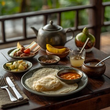 Traditional Sri Lankan Breakfast with Coconut Pol Roti, Creamy Dhal Curry, and Authentic Side Dishes on a Rustic Wooden Table