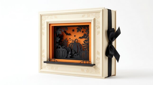 Halloween shadow box frame with pumpkin and bat cutouts isolated on white