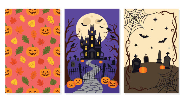Spooky and delightful halloween backgrounds a collection of festive patterns haunted castles and trick or treating scenes for your seasonal designs