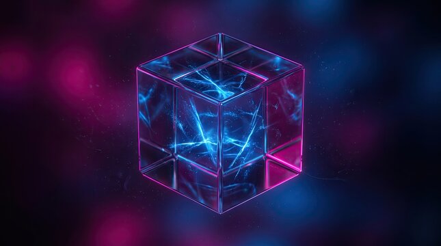 A glowing digital cube structure floating in a dark space with vibrant neon blue and purple light effects creating a futuristic high tech background