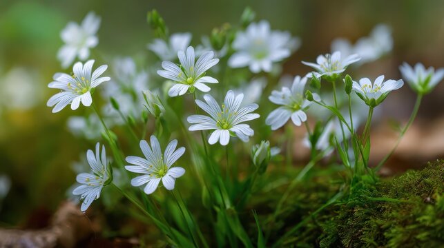 Small white wildflowers in soft green moss during spring with delicate bokeh background