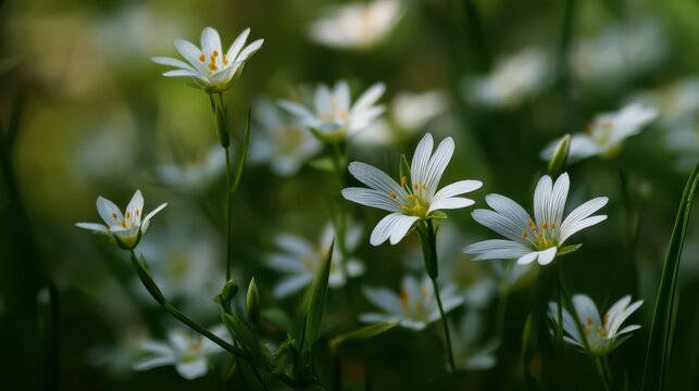Delicate white starflowers blooming in soft green meadow during bright spring sunlight with gentle bokeh