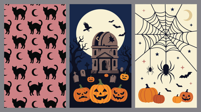 Spooky halloween backgrounds a trio of eerie designs featuring cats haunted houses and intricate spiderwebs for festive celebrations