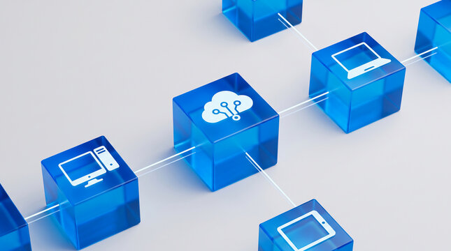 Cloud computing network connected to digital devices on blue cubes