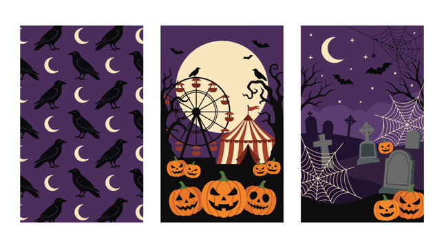 Spooky halloween backgrounds a collection of eerie designs featuring bats moons pumpkins and a haunted house for festive celebrations