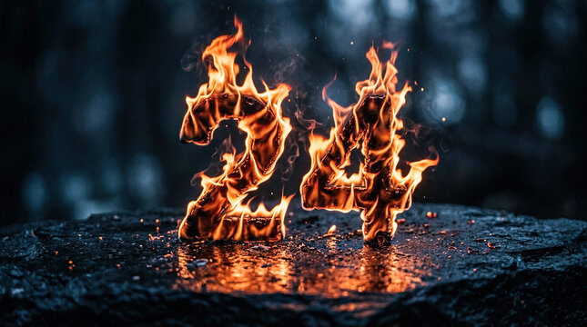 Number twenty four shaped by realistic crackling orange flames burning brightly on a dark wet stone surface with a soft dark blurred forest background.