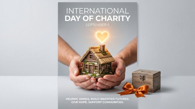 International Day of Charity poster, hands holding miniature house with glowing heart, donation box with orange ribbon