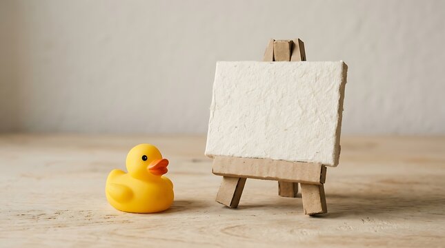 Whimsical yellow rubber duckling posing beside blank canvas on easel in cozy setting