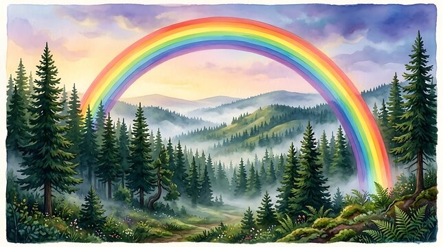 Vibrant rainbow arching over lush green forest mountain landscape at golden hour.