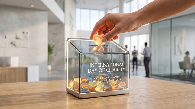 International Day of Charity glass donation box, hand putting gold coin in charity box, corporate office fundraising event