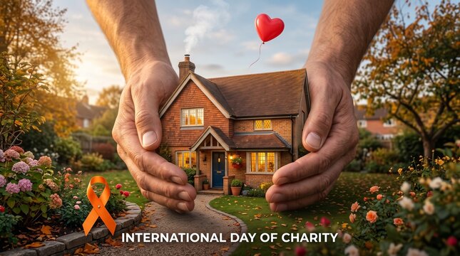 Hands protect a residential house in a garden setting as a symbolic gesture of support for the International Day of Charity.