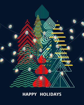 Christmas Tree greeting card background, banner, flyer flat set. Happy holidays poster, Template for advertising, web, social media, web frame typography design.