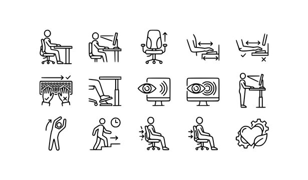 Ergonomics workplace health and proper computer posture line icon set