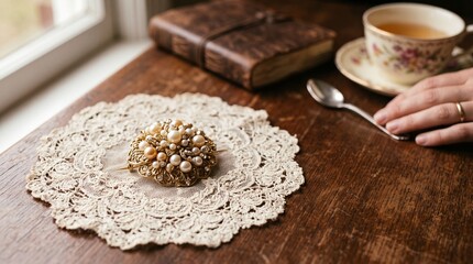 Fototapeta premium Vintage Pearl Brooch on Lace Doily with Tea and Leather Journal