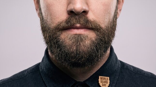 Close-up of man with thick groomed beard and World Beard Day badge isolated on solid background