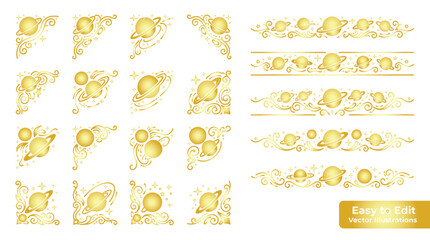 Premium set of golden decorative corners and borders with saturn planet elements, luxury vintage style frames for invitations and greeting cards, vector illustrations © Zhang Wei