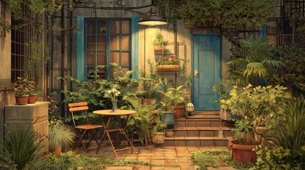 Fototapeta premium Cozy courtyard with potted plants and a table during evening illumination for serene relaxation