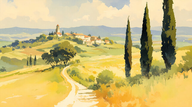 Watercolor illustration of a winding road and cypress trees. Tuscan countryside landscape with a hilltop village