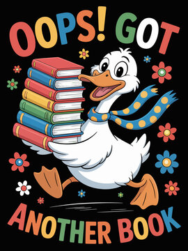 Oops got another book cute goose carrying stack of books reading design