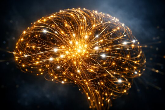 Artificial intelligence glowing neural network brain with golden fiber optic synapses on dark background for machine learning, data science, and neuroscience concepts