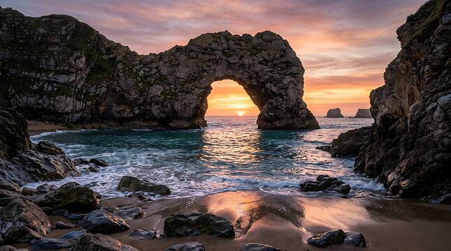 Coastal archway framed by golden sunset light over rocky beach waves