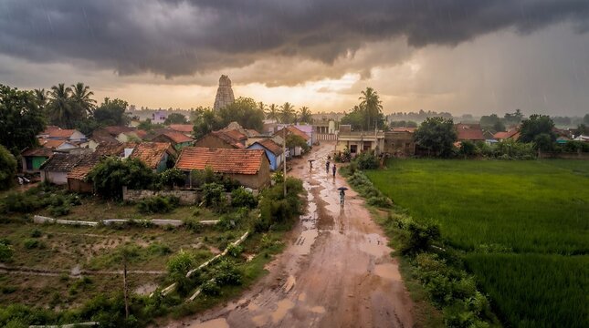 Rural Indian village landscape during monsoon rain with villagers on a muddy road, lush green paddy fields, and a traditional temple tower under dramatic storm clouds at sunset
