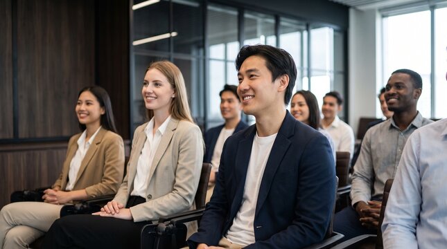 Diverse group of smiling business professionals attending corporate training workshop and educational seminar in modern conference room, learning new enterprise skill and executive leadership.