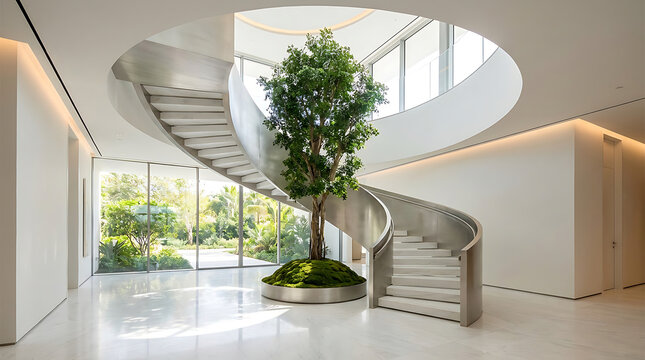 Modern spiral staircase with a central living tree in bright foyer