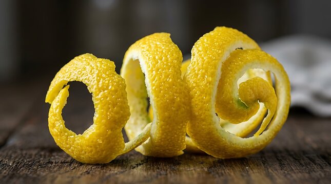 Fresh lemon zest spiral on rustic wooden surface with natural lighting.