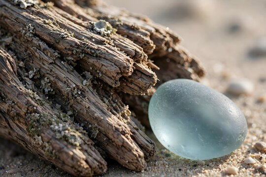 Beach Glass And Driftwood Close-Up