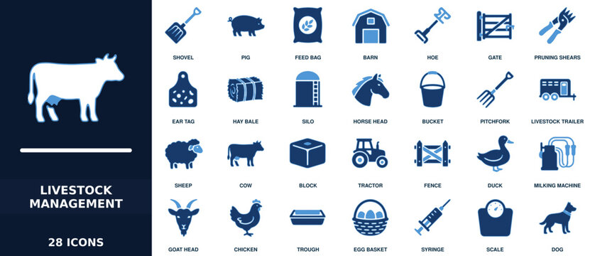 Set of 28 livestock management icons featuring farm animals, agricultural equipment, and tools for farming and animal husbandry