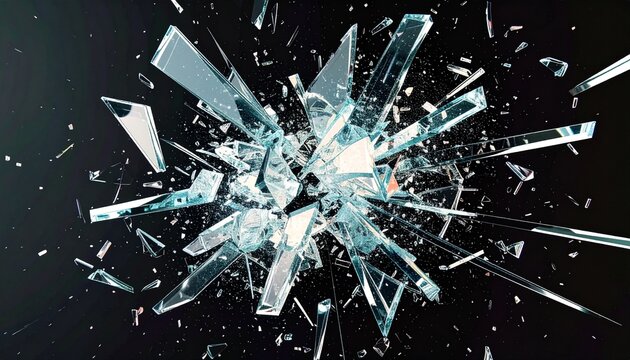 Shattered glass fragments exploding outwards against a dark background, creating a dynamic abstract visual