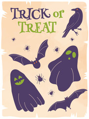 Naklejka premium Halloween Poster Features Bat Raven Spider And Bold Trick Or Treat Lettering. Vintage Vector Style Uses Old Paper Texture And Hand Drawn Doodles. Ideal For Party Invitations And Seasonal Prints Today.