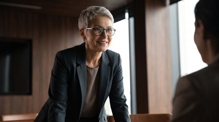 Fototapeta premium Experienced grey haired senior female mentor with glasses leaning on table during corporate executive training session, coaching young colleagues on leadership strategy in dark office.
