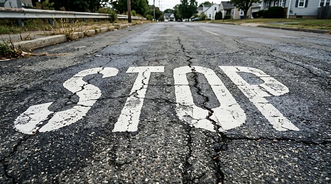 Vintage painted STOP sign on cracked asphalt road in suburban neighborhood
