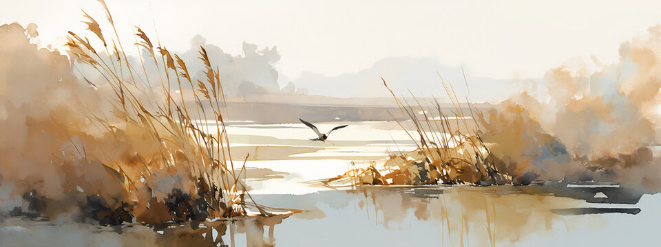 Watercolor landscape illustration of a coastal reed marsh with a flying bird. Single bird soaring low over reflective water and reeds