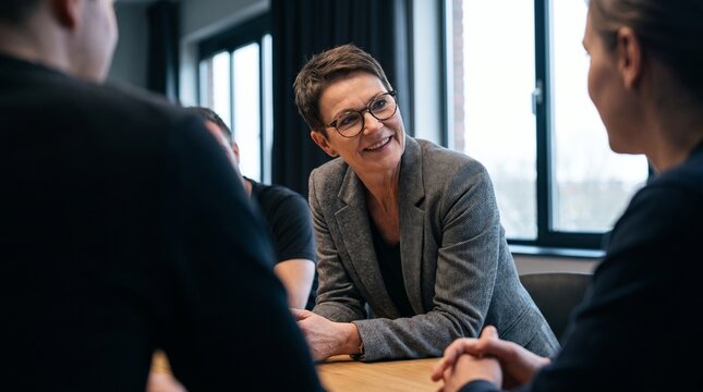 Experienced female business consultant with short hair and glasses leading strategic governance meeting with clients in boardroom, discussing quality management and operational efficiency.