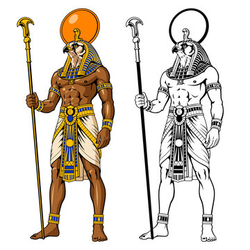 Ancient Egyptian God Ra. Color and black and white versions clipart.