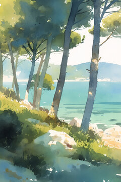 Watercolor illustration of pine trees on a rocky Mediterranean shore. Coastal landscape with turquoise sea and distant hills. Sunny woodland by the water