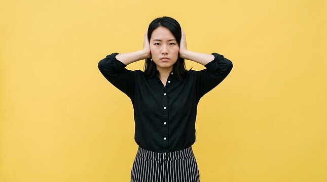 Young professional covering ears in frustration or focus, bright studio background.