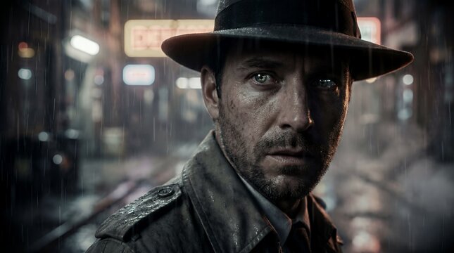 Cinematic film noir detective in a fedora hat and wet trench coat standing on a rainy city street at night, gritty mystery character portrait for crime thriller book covers