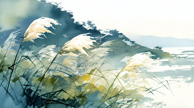 Wind swept hillside with white plumed grasses. Watercolor illustration of dark green slopes and swaying wild plants