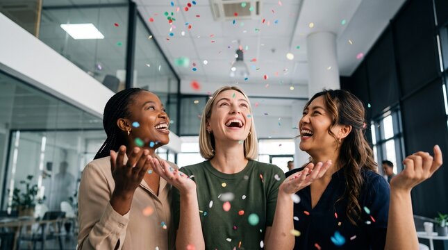 Diverse multiethnic businesswomen group standing under colorful falling confetti celebrating team milestone achievement and successful quality management system implementation in modern office