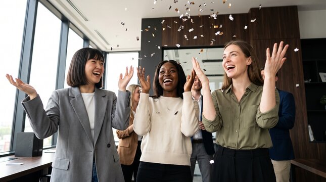 Diverse corporate team celebrating successful corporate ERP software implementation training milestone under falling shiny confetti in modern office space symbolizing victory growth achievement.