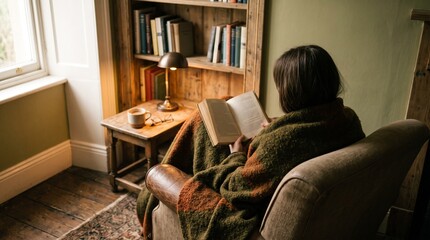 Fototapeta premium Woman reading a book in a cozy armchair wrapped in a blanket