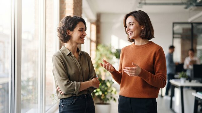 Two diverse professional businesswomen discussing corporate tax planning and marketing audit near office window, exchanging strategic idea during friendly consultation in bright modern workspace.