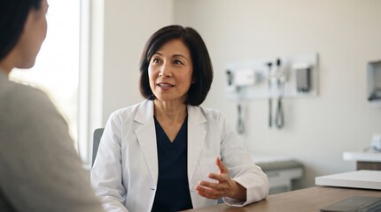 Obraz premium Asian female doctor discussing medical quality management and patient care options during clinical consultation in modern hospital office, offering professional health diagnosis and advice.