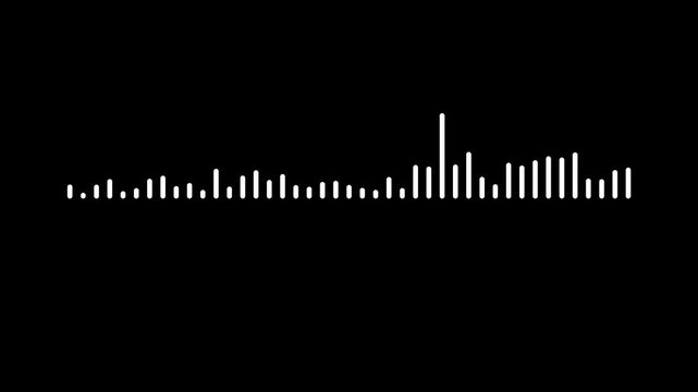 Dynamic white audio frequency waveform bouncing smoothly, modern sound spectrum equalizer line, minimal voice track recording indicator, clean music rhythm display on black background. 4k video