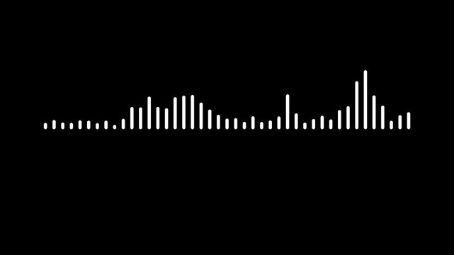 Minimalist white audio spectrum line moving in rhythm, digital sound frequency wave equalizer, clean voice recording level indicator, modern music player motion on black background. 4k video