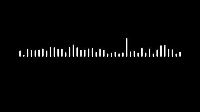 Modern white audio spectrum wave bouncing dynamically, digital sound frequency equalizer line, clean voice track level visualizer, minimal podcast rhythm animation on black background. 4k video